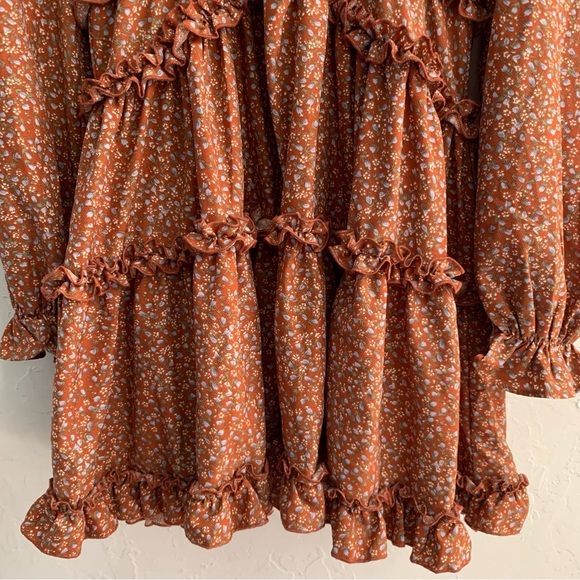 Lulu’s Admire You Orange Brown Floral Print Ruffled Long Sleeve Mini Dress M - Picture 6 of 10